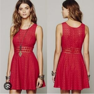 Free People Lace Crochet Vibrant Red Daisy Chain Mini Fit Flare Dress Size 2